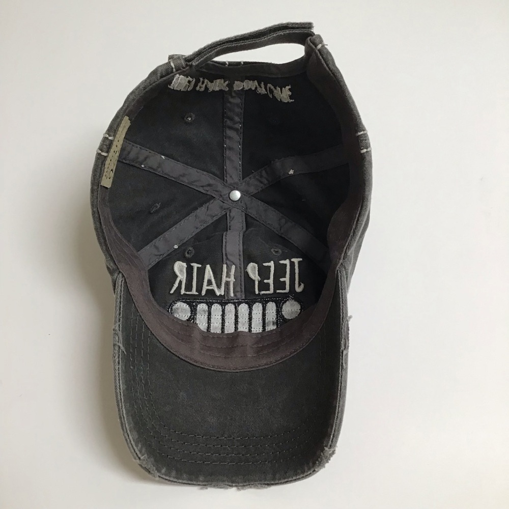 Jeep Hair Don’t Care Baseball Cap Gray Distress Hat Adjust Bling Grille Vintage - Picture 4 of 13